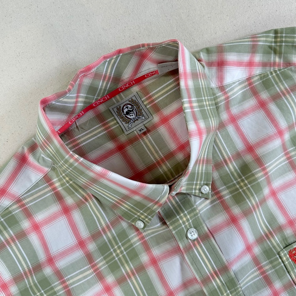 Cinch Mens XL Short Sleeve Plaid Western Button Down Shirt Green Pink MT11021230